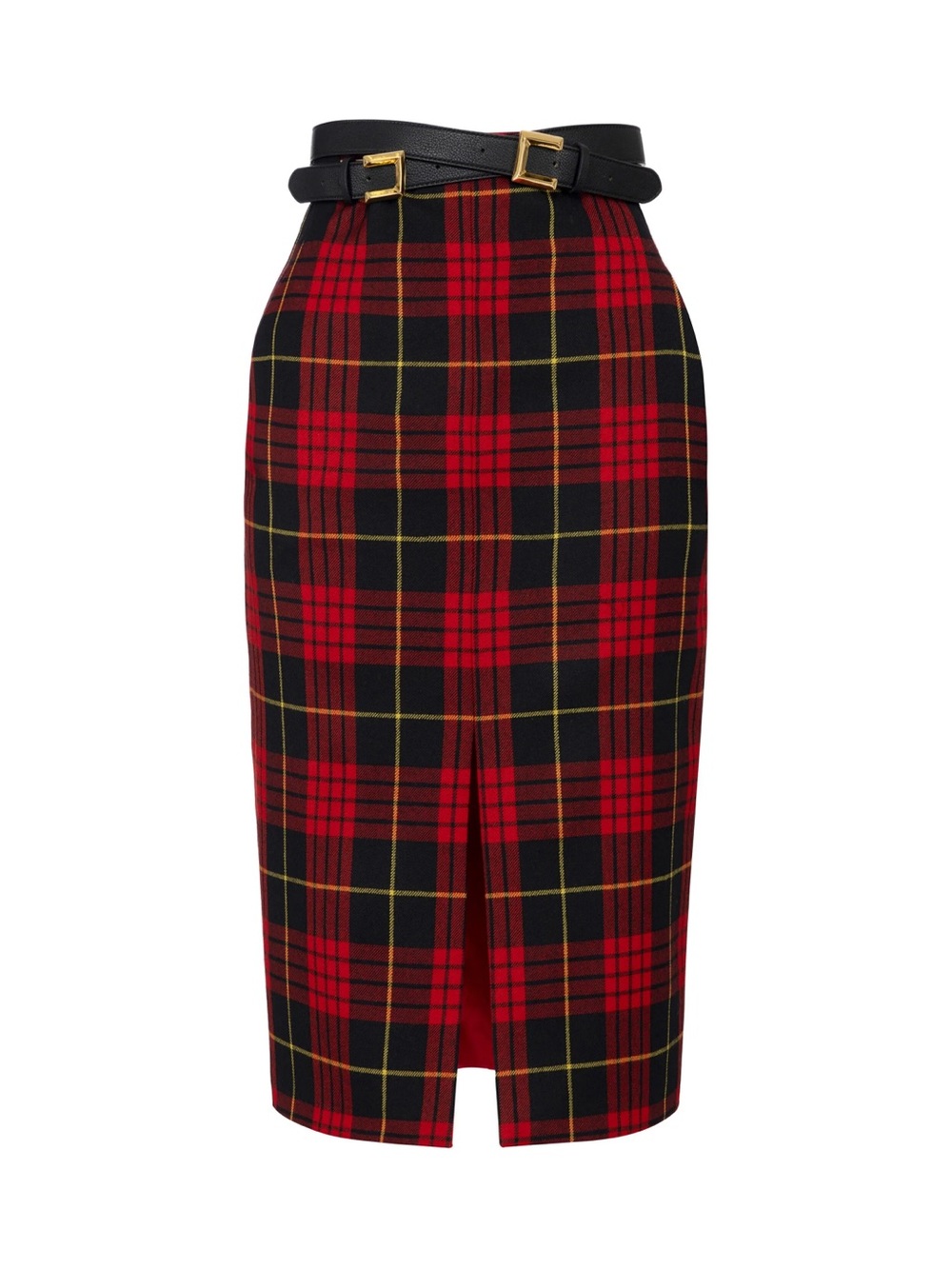 Elisabeta Franchi High-Waist Red Plaid Pencil Skirt with Front Vent